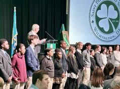 Bishop Koenig, De Sales University President Father James Greenfield encourage Trainor scholars to reach Catholic education dreams
