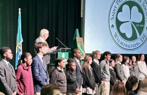 Bishop Koenig, De Sales University President Father James Greenfield encourage Trainor scholars to reach Catholic education dreams