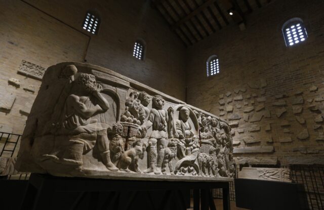 Ancient marble sarcophagus pictured in new museum in reconstructed 4th-century Basilica of St. Sylvester above Catacombs of Priscilla in Rome